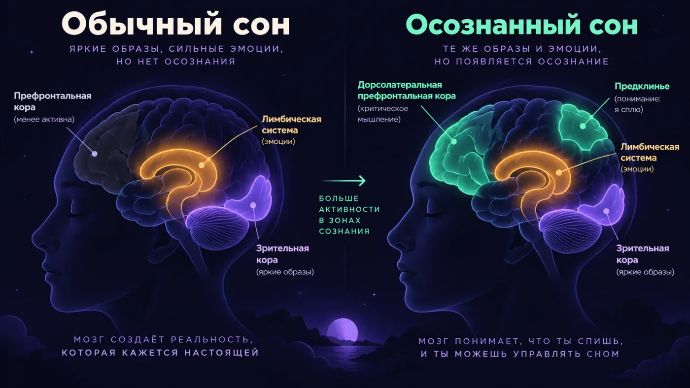 Схема: что активно в мозге в обычном и осознанном сне