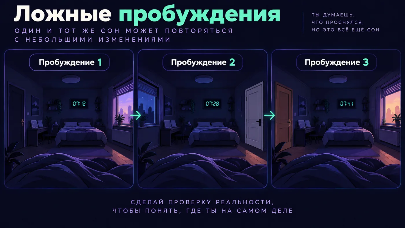 Схема цепочки ложных пробуждений: комната повторяется с отличиями