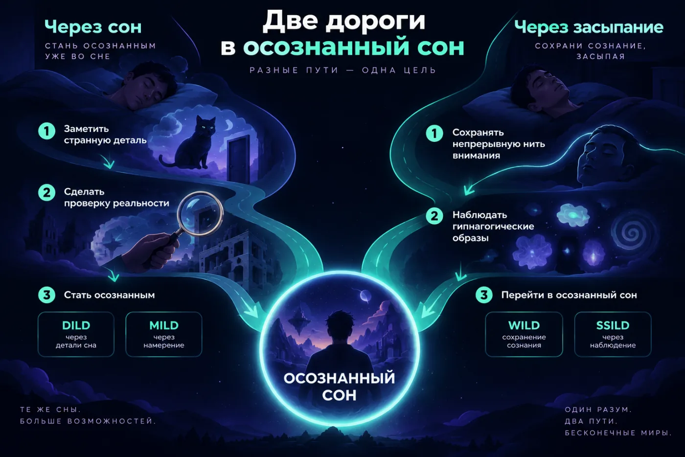 Схема двух путей в осознанный сон: через сон и через засыпание